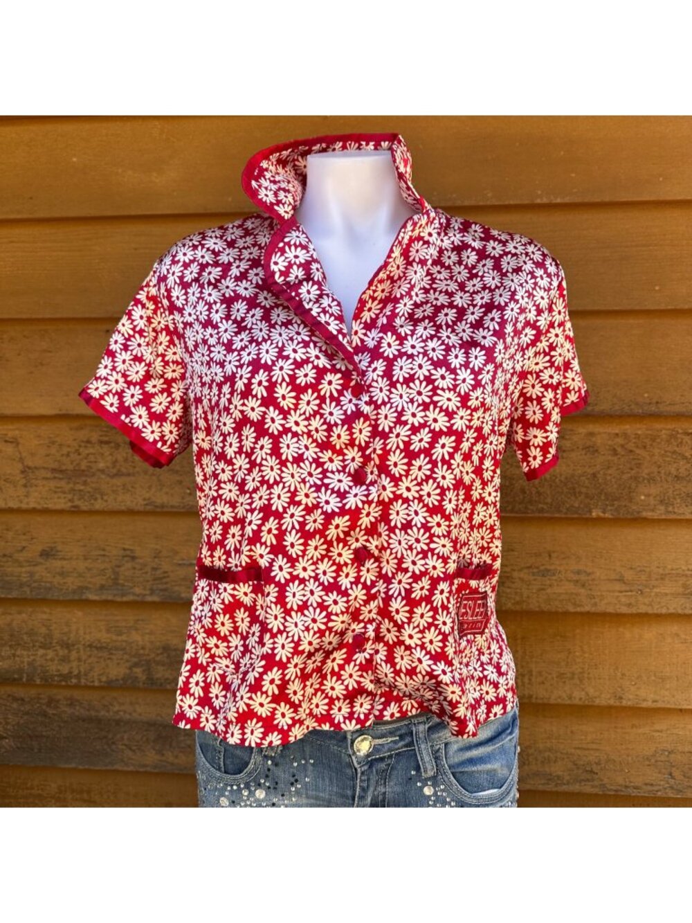 Vintage E-Sleep Red & White Daisy Print Button-Up Pajama Top 90s Medium - Picture 1 of 10